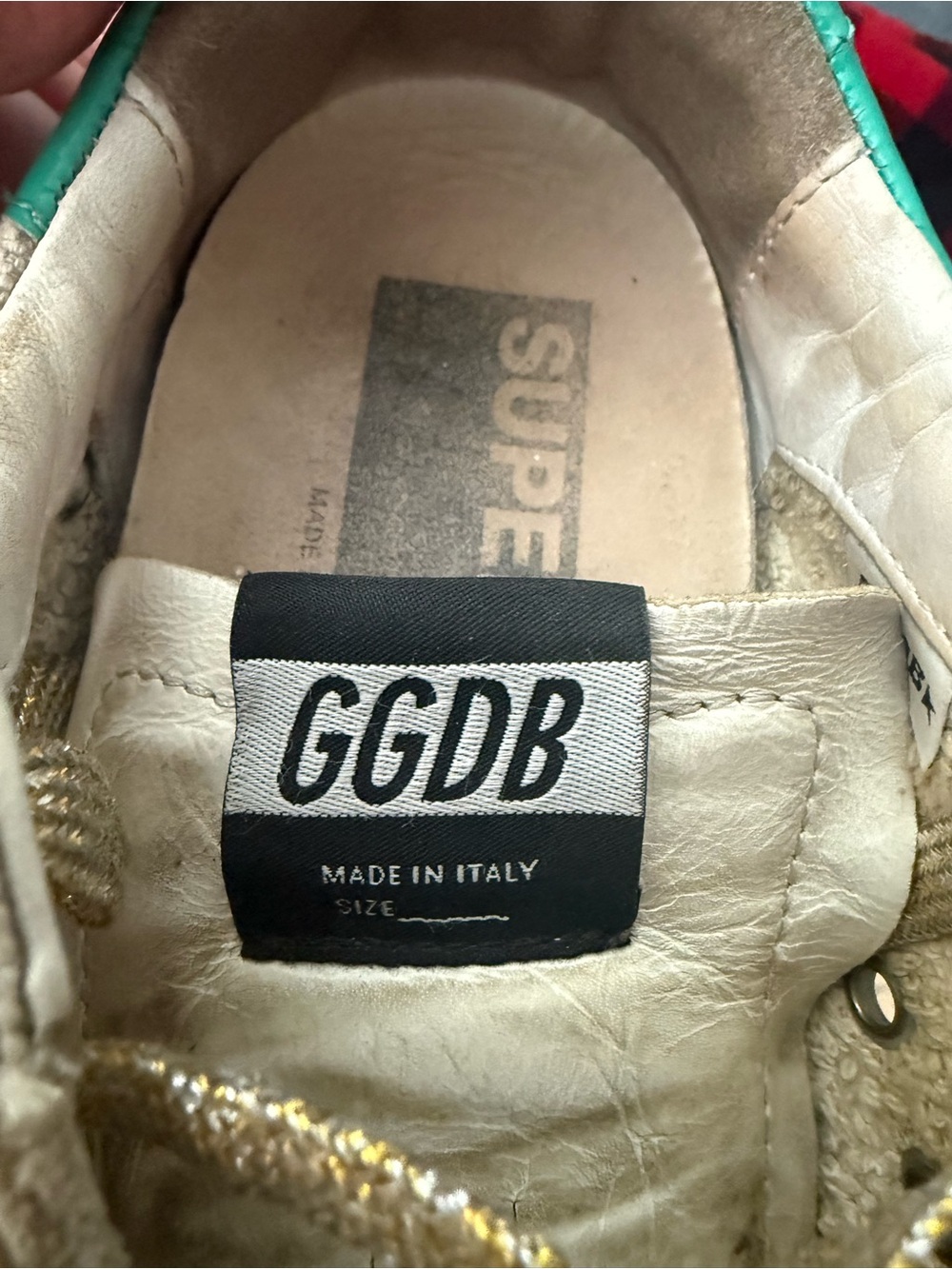 Golden Goose Beige Canvas Sneakers with Gold Glitter Star and Green Heel - Picture 6 of 7